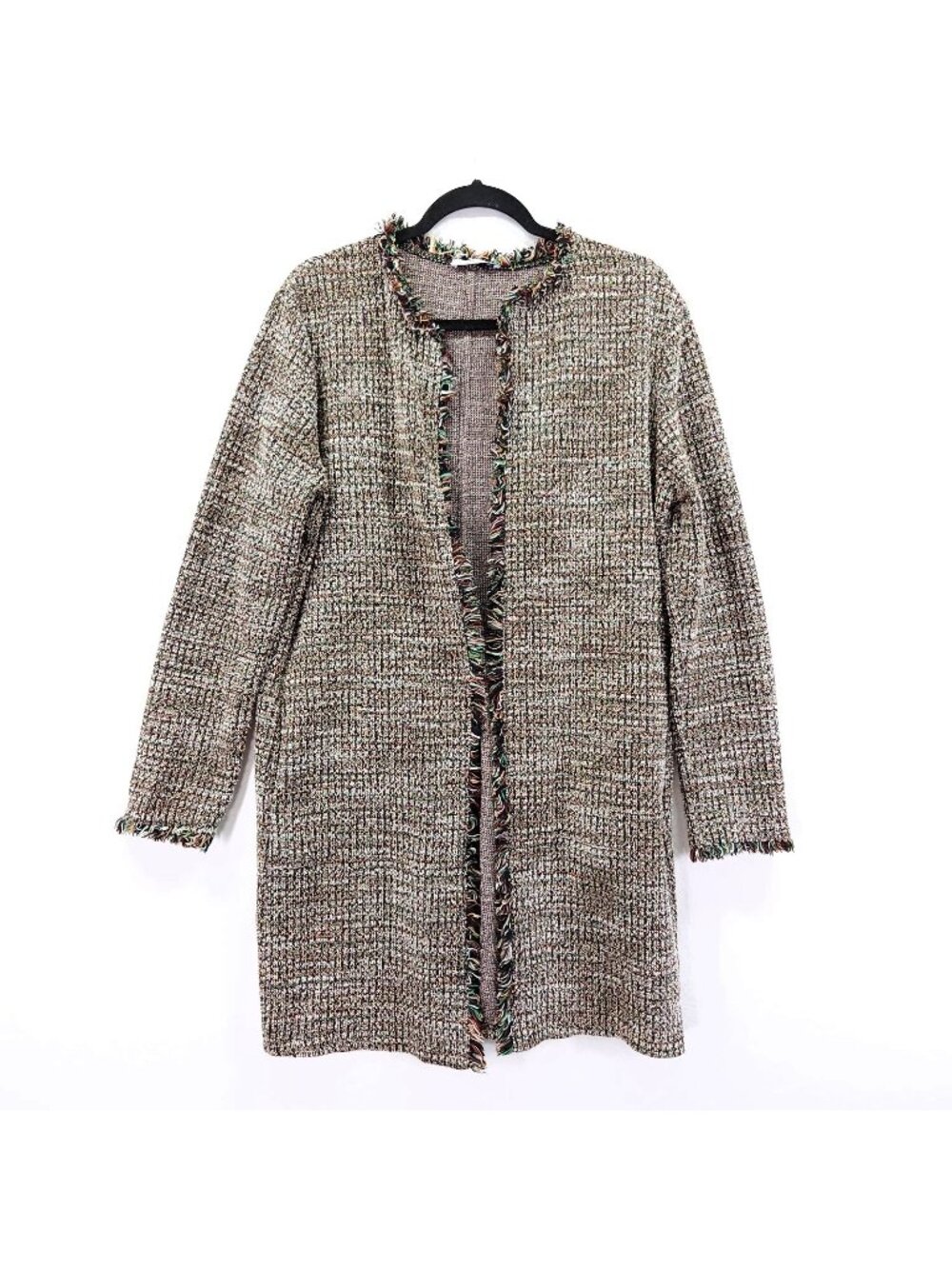 ZARA Basic Tweed Fringe Jacket Multicolor Bouclé Open Front Women’s Size Large